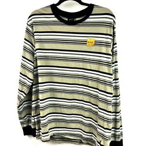 MEn's long sleeve HUF striped crew neck tee LX 100% cotton tan black gray